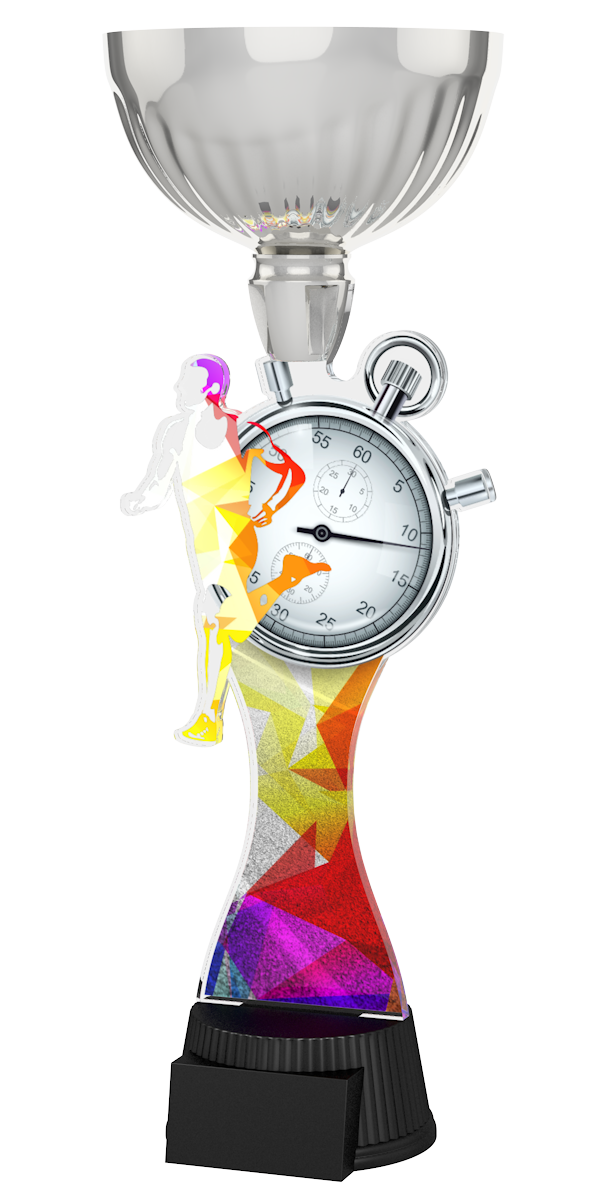 Acryl-Trophäe ACUPC 15 S Silber für Leichtathletik und Laufsport mit buntem
Läufer-Silhouettenmotiv, Stoppuhr, geometrischem Farbverlauf-Hintergrund,
eleganter Silberener Schale und schwarzem Gravursockel.