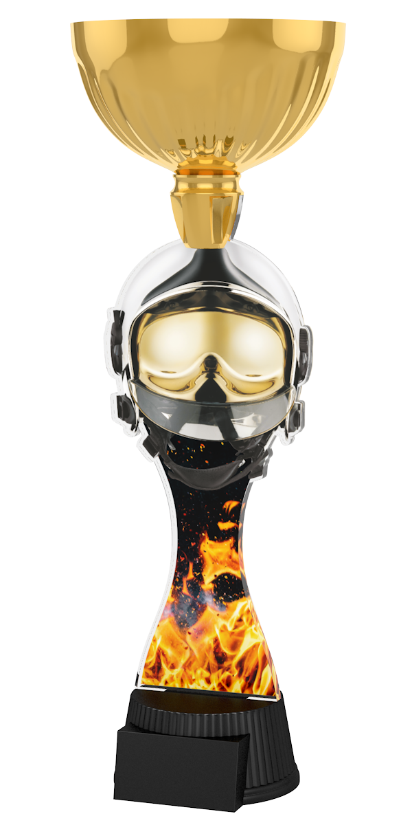 Acryl-Trophäe ACUPC 16 G Gold für Feuerwehr mit Feuerwehrhelm, 
Atemschutzmaske, feurigem Flammen-Hintergrund, eleganter goldener 
Schale und schwarzem Gravursockel.