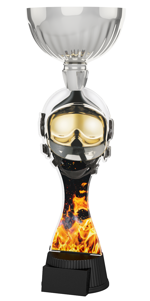 Acryl-Trophäe ACUPC 16 S Silber für Feuerwehr mit Feuerwehrhelm, 
Atemschutzmaske, feurigem Flammen-Hintergrund, eleganter Silberener 
Schale und schwarzem Gravursockel.