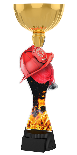 Feuerwehr-Pokal ACUPC 17 G in Gold  mitrotem Feuerwehrhelm, 
Feuerwehrschlauch, Flammenmotiv auf geschwungenem Acryl
und schwarzem Gravursockel. Ideal als Auszeichnung für
Feuerwehrwettbewerbe und Siegerehrungen.