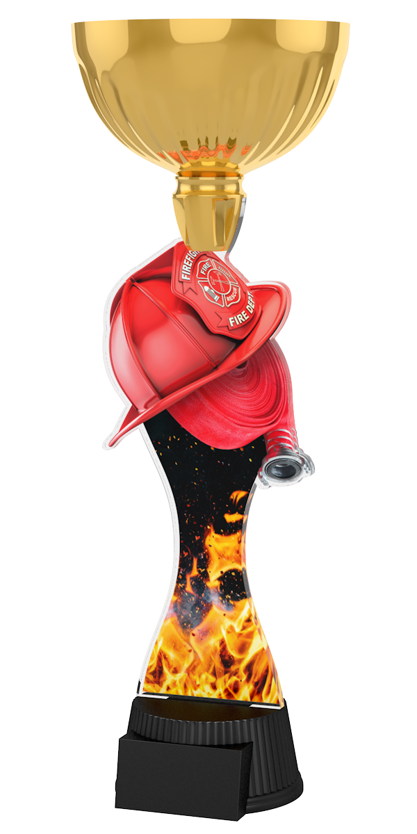 Feuerwehr-Pokal ACUPC 17 G in Gold  mitrotem Feuerwehrhelm, 
Feuerwehrschlauch, Flammenmotiv auf geschwungenem Acryl
und schwarzem Gravursockel. Ideal als Auszeichnung für
Feuerwehrwettbewerbe und Siegerehrungen.