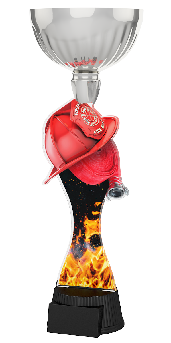 Feuerwehr-Pokal ACUPC 17 S in Silber aus der Serie ACUPC Silber mit
rotem Feuerwehrhelm, Feuerwehrschlauch, Flammenmotiv auf 
geschwungenem Acryl und schwarzem Sockel. Ideal als Auszeichnung
für Feuerwehrwettbewerbe und Siegerehrungen.