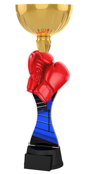Box-Pokal ACUPC 18 G in Gold mit roten Boxhandschuhen,
blauemBoxring-Motiv auf geschwungenem Acryl und
schwarzem Gravursockel. Ideal als Auszeichnung für Boxturniere
und Siegerehrungen