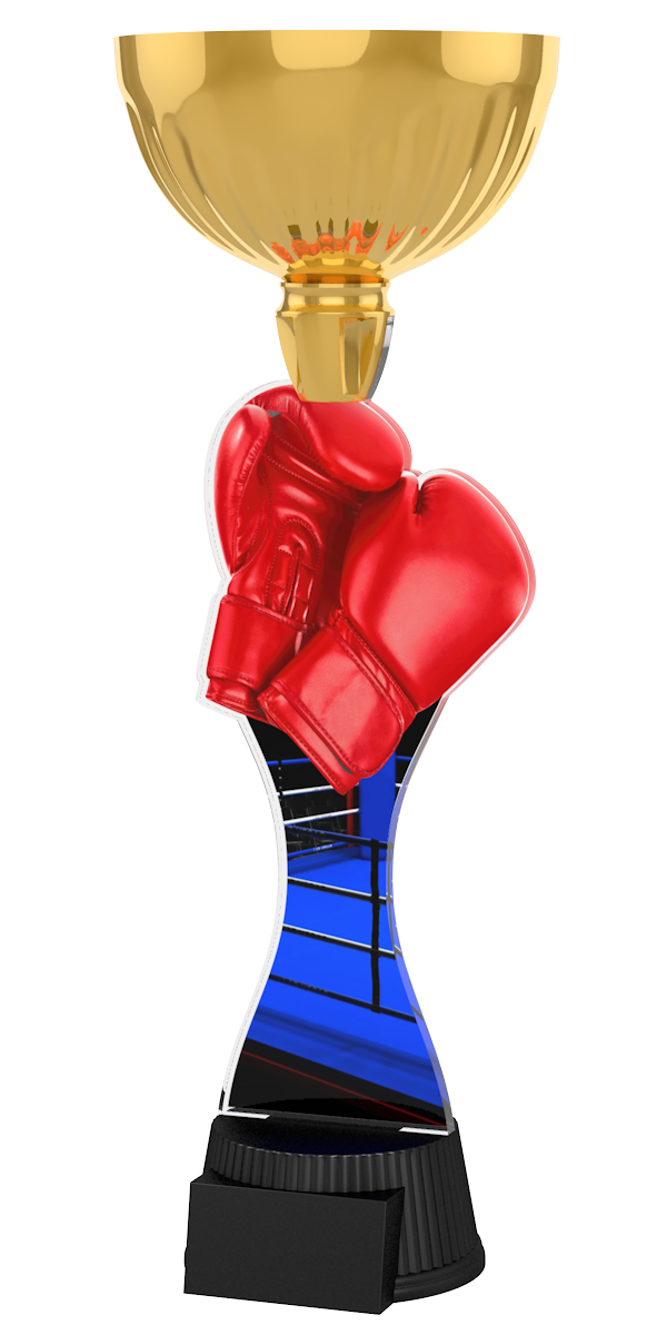 Box-Pokal ACUPC 18 G in Gold mit roten Boxhandschuhen,
blauemBoxring-Motiv auf geschwungenem Acryl und
schwarzem Gravursockel. Ideal als Auszeichnung für Boxturniere
und Siegerehrungen