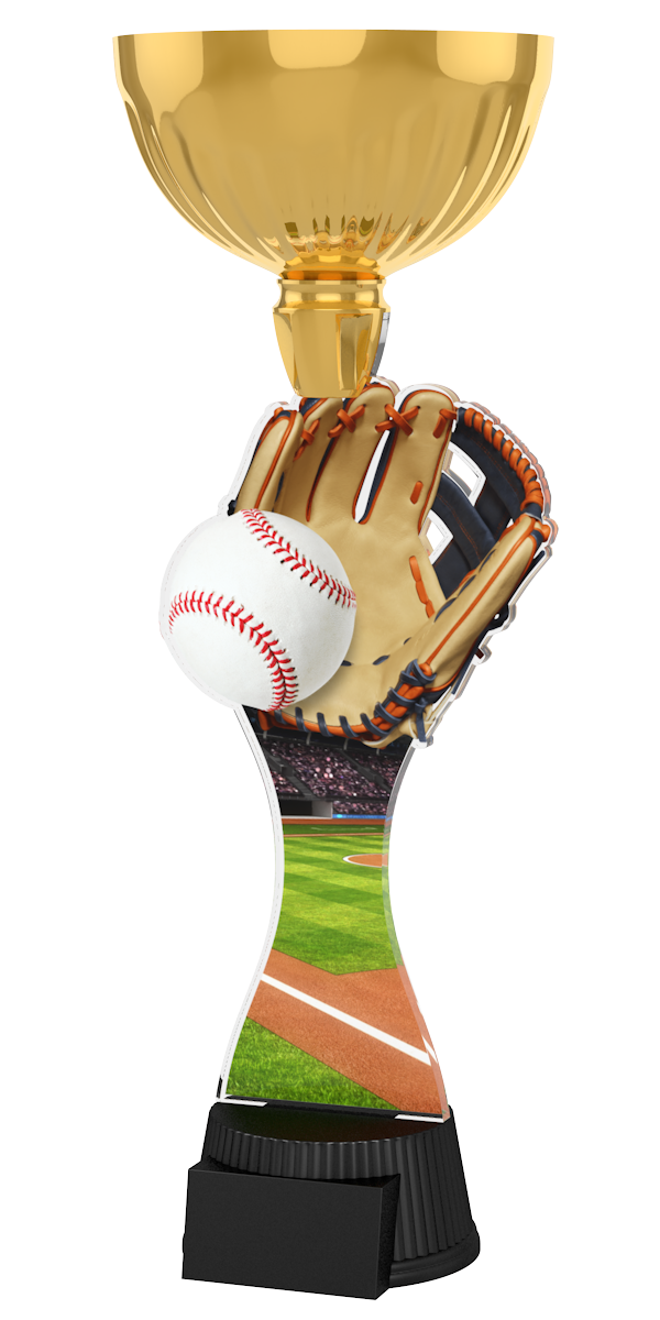 Acryl-Trophäe ACUPC 19 G Gold für Baseball mit
Leder-Baseballhandschuh,weißem Baseball mit roten 
Nähten, Stadion-Spielfeld-Hintergrund, eleganter
goldener Schale und schwarzem Gravursockel.