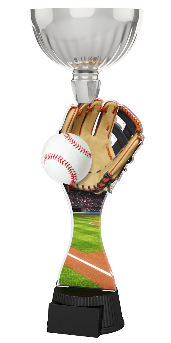 Acryl-Trophäe ACUPC 19 S Silber für Baseball mit Leder-Baseballhandschuh,
weißem Baseball mit roten Nähten, Stadion-Spielfeld-Hintergrund, eleganter
Silberener Schale und schwarzem Gravursockel.