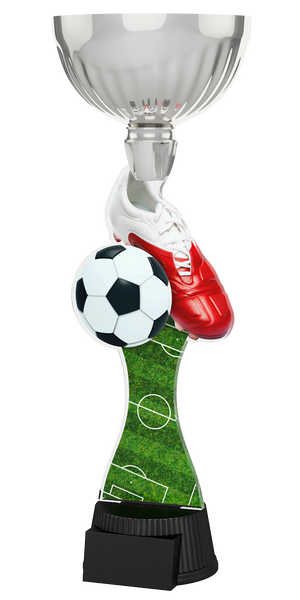 Fußball-Pokal ACUPC 1 S in Silber mit weißem Fußball, rotem Fußballschuh und grüner Spielfeldoptik auf dem Schaft und schwarzem Sockel. Ideal als Auszeichnung für Fußballturniere und Siegerehrungen.