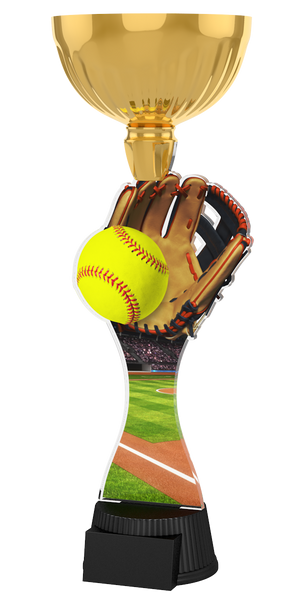Acryl-Trophäe ACUPC 20 G Gold für Softball mit 
Leder-Handschuh, auffälligem gelbem Softball mit 
roten Nähten, Stadion-Spielfeld-Hintergrund, eleganter 
goldener Schale und schwarzem Gravursockel.
