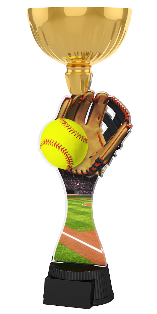 Acryl-Trophäe ACUPC 20 G Gold für Softball mit 
Leder-Handschuh, auffälligem gelbem Softball mit 
roten Nähten, Stadion-Spielfeld-Hintergrund, eleganter 
goldener Schale und schwarzem Gravursockel.