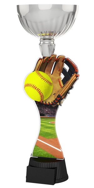 Acryl-Trophäe ACUPC 20 S Silber für Softball mit Leder-Handschuh, 
auffälligem gelbem Softball mit roten Nähten, Stadion-Spielfeld-Hintergrund,
eleganter Silberener Schale und schwarzem Gravursockel.