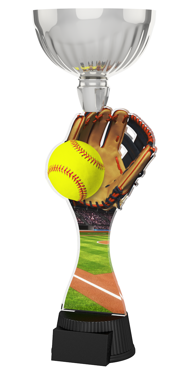 Acryl-Trophäe ACUPC 20 S Silber für Softball mit Leder-Handschuh, 
auffälligem gelbem Softball mit roten Nähten, Stadion-Spielfeld-Hintergrund,
eleganter Silberener Schale und schwarzem Gravursockel.