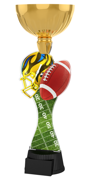 Football-Pokal ACUPC 21 G in Gold mit gelb-blauem 
Football-Helm,braunem Football, grünem Spielfeld-Motiv 
auf geschwungenem Acryl und schwarzem Gravursockel.
Ideal als Auszeichnung für Footballturniere
und Siegerehrungen.
