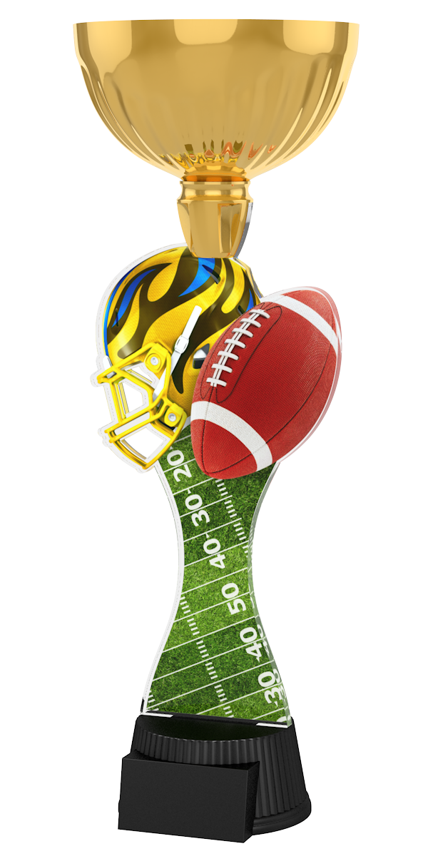 Football-Pokal ACUPC 21 G in Gold mit gelb-blauem 
Football-Helm,braunem Football, grünem Spielfeld-Motiv 
auf geschwungenem Acryl und schwarzem Gravursockel.
Ideal als Auszeichnung für Footballturniere
und Siegerehrungen.