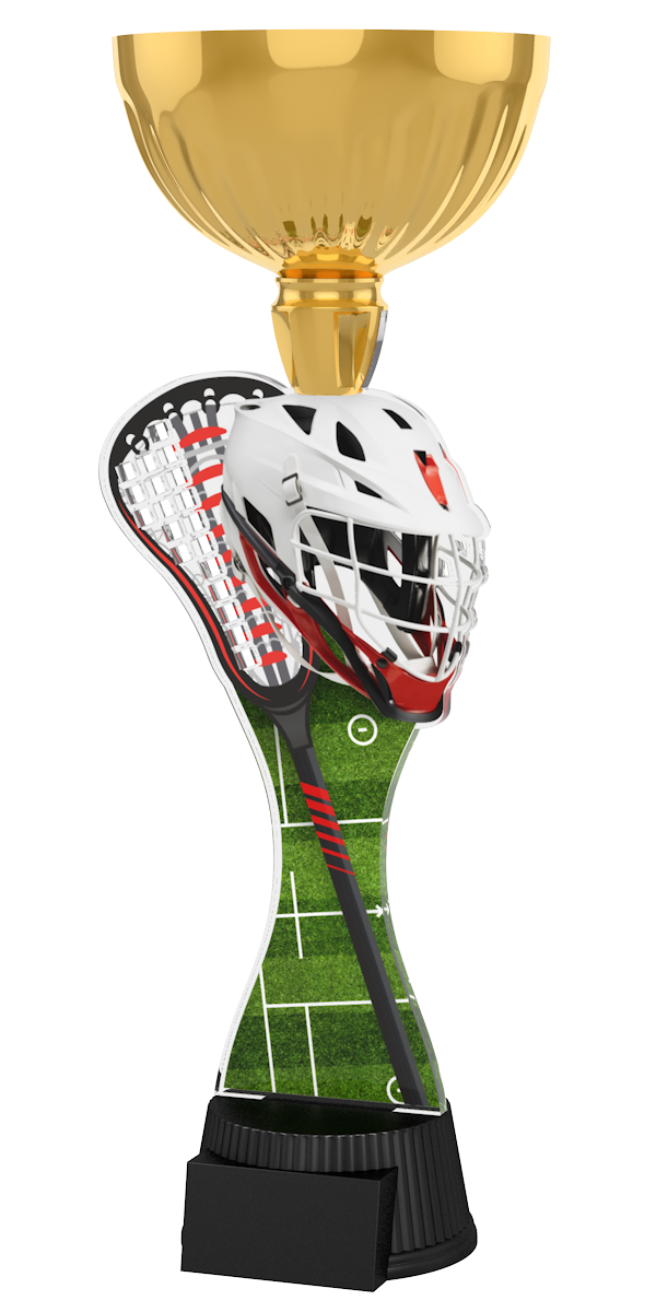 Lacrosse-Pokal ACUPC 22 G in Gold mit weißem Lacrosse-Helm,
Schläger, grünem Spielfeld-Motiv auf geschwungenem Acryl und 
schwarzem Gravurockel. Ideal als Auszeichnung für Lacrosse-Turniere
und Siegerehrungen.