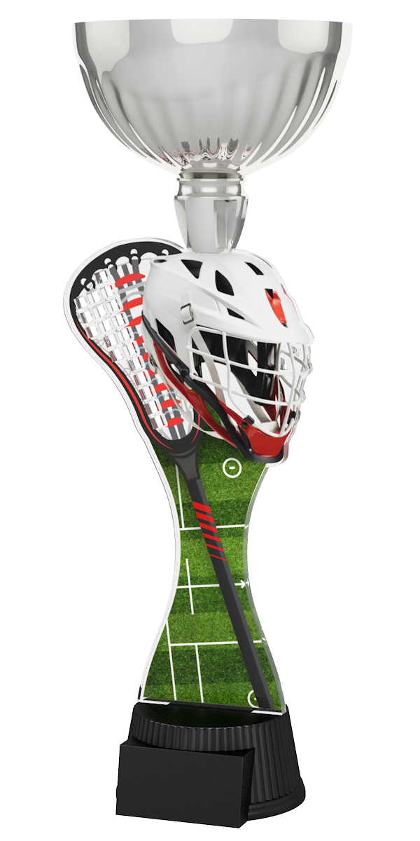 Lacrosse-Pokal ACUPC 22 S in Silber mit weißem Lacrosse-Helm,
Schläger, grünem Spielfeld-Motiv auf geschwungenem Acryl und 
schwarzem Sockel. Ideal als Auszeichnung für Lacrosse-Turniere und 
Siegerehrungen.
