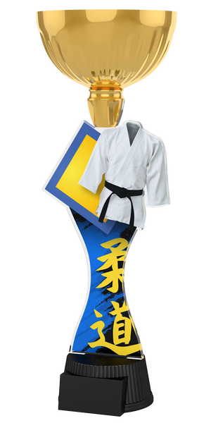 Acryl-Trophäe ACUPC 23 G Gold für Judo mit weißem
Kampfsportanzug, schwarzem Gürtel, japanischen
Schriftzeichen, eleganter goldener Schale
und schwarzem Gravursockel.