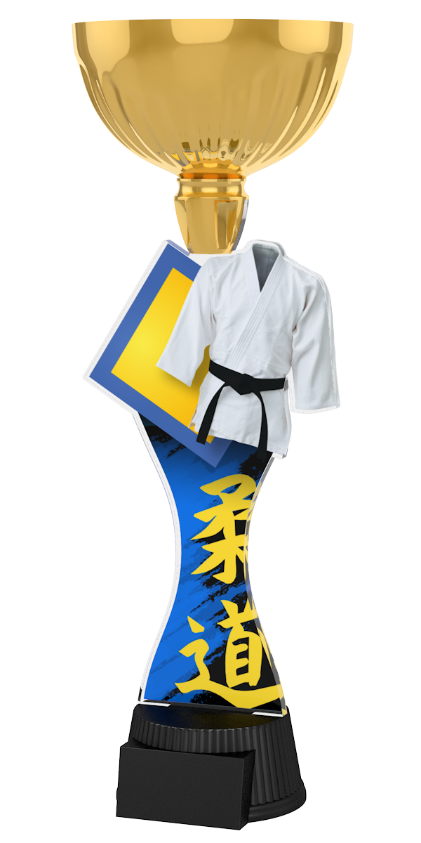 Acryl-Trophäe ACUPC 23 G Gold für Judo mit weißem
Kampfsportanzug, schwarzem Gürtel, japanischen
Schriftzeichen, eleganter goldener Schale
und schwarzem Gravursockel.