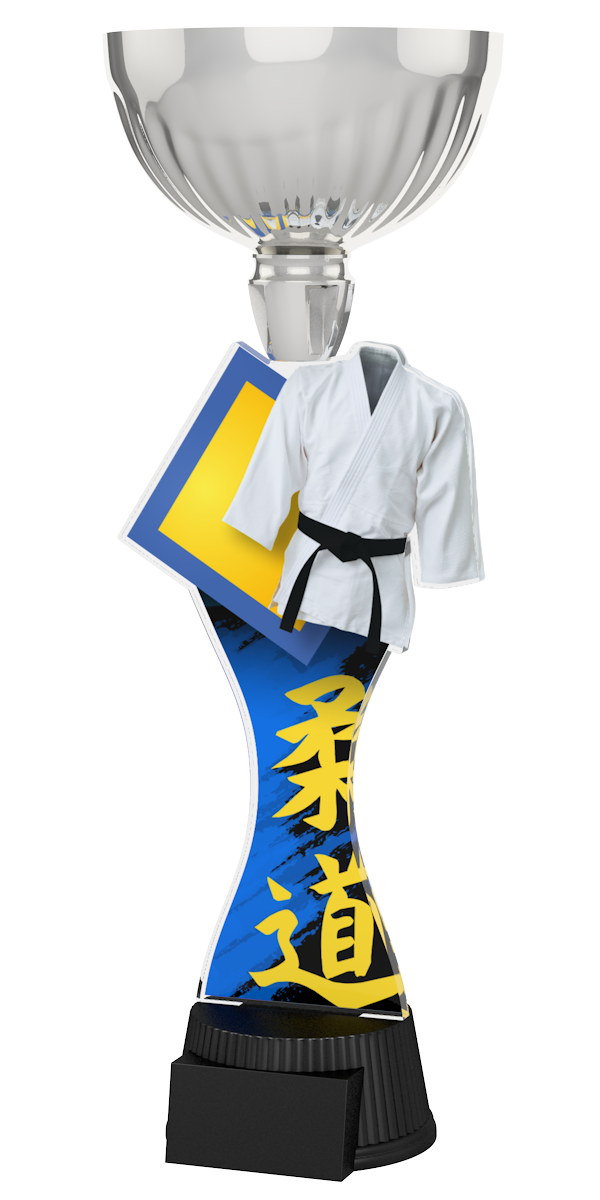 Acryl-Trophäe ACUPC 23 S Silber für Judo mit weißem Kampfsportanzug,
schwarzem Sürtel, japanischen Schriftzeichen, eleganter Silberener Schale und 
schwarzem Gravursockel.