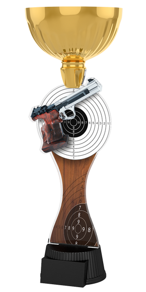 Acryl-Trophäe ACUPC 24 G Gold für Schießsport mit moderner
Sportpistole, klassischer Zielscheibe, elegantem Hintergrund
in Holzoptik, glänzender goldener Schale und schwarzem
Gravursockel.