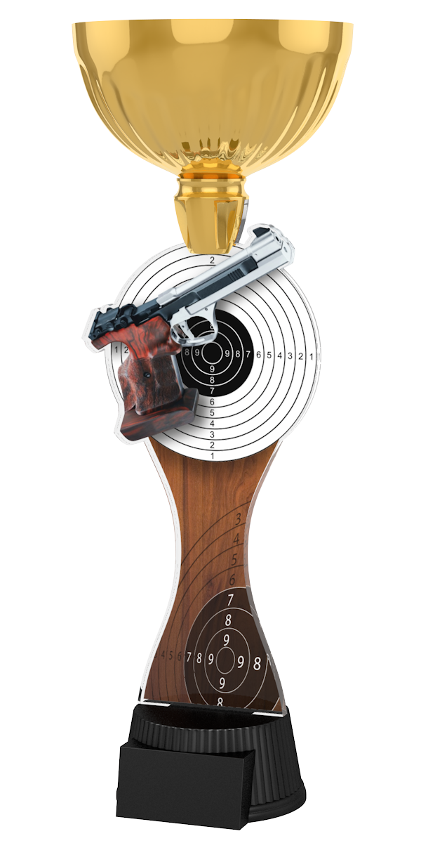 Acryl-Trophäe ACUPC 24 G Gold für Schießsport mit moderner
Sportpistole, klassischer Zielscheibe, elegantem Hintergrund
in Holzoptik, glänzender goldener Schale und schwarzem
Gravursockel.