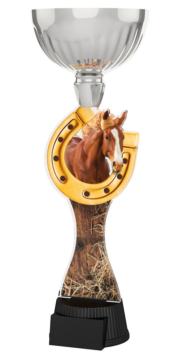 Reitsport-Pokal ACUPC 26 S in Silber mit Pferdekopf, Silberenem Hufeisen,
Holz-Stroh-Motiv auf geschwungenem Acryl und schwarzem Gravursockel. Ideal
als Auszeichnung für Reitturniere und Siegerehrungen.