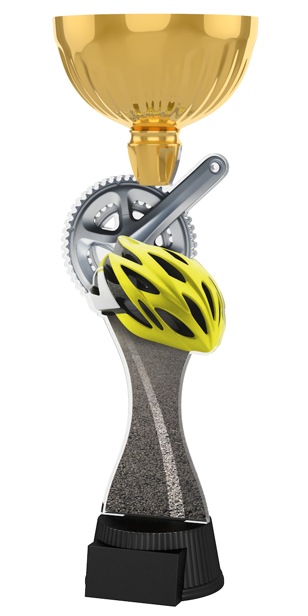 Radsport-Pokal ACUPC 27 G in Gold mit silbernem Kettenblatt,
gelbem Fahrradhelm, Straßendesign auf geschwungenem Acryl
und schwarzem Gravursockel. Ideal als Auszeichnung für Radrennen
und Siegerehrungen.