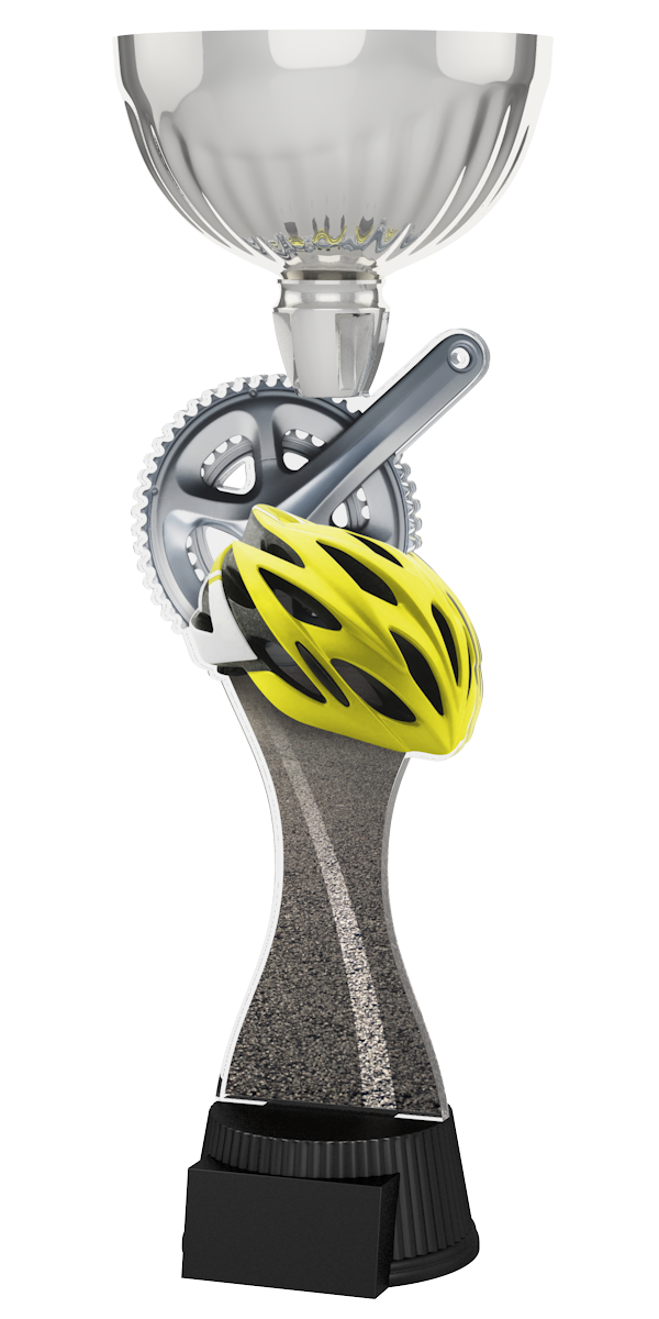 Radsport-Pokal ACUPC 27 S in Silber mit silbernem Kettenblatt, gelbem 
Fahrradhelm, Straßendesign auf geschwungenem Acryl und schwarzem 
Gravursockel. Ideal als Auszeichnung für Radrennen und Siegerehrungen.