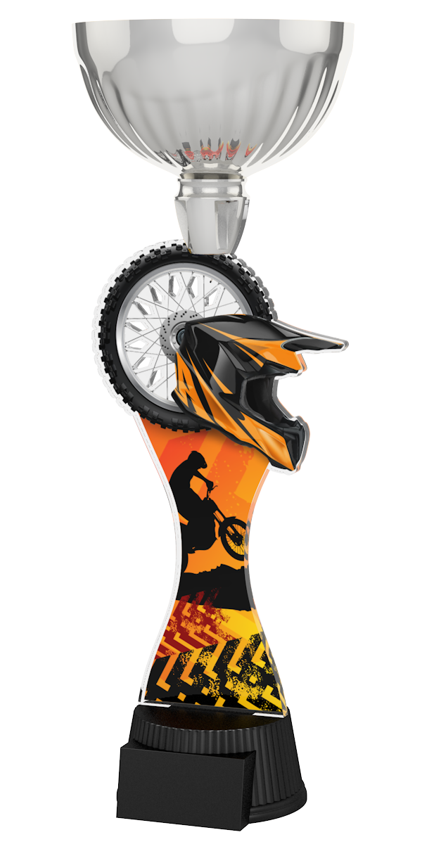 
Motocross/Enduro-Pokal ACUPC 29 S in Silber mit Integralhelm, Stollenrad, 
Action-Silhouette auf geschwungenem Acryl und schwarzem Gravursockel. 
Ideal als Auszeichnung für Rennen und Siegerehrungen.