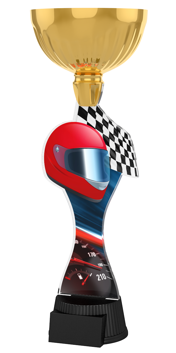 
Motorsport-Pokal ACUPC 30 G in Gold mit rotem Rennhelm,
Zielflagge,Tacho-Motiv auf geschwungenem Acryl und schwarzem 
Gravursockel. Ideal als Auszeichnung für Autorennen und Siegerehrungen.