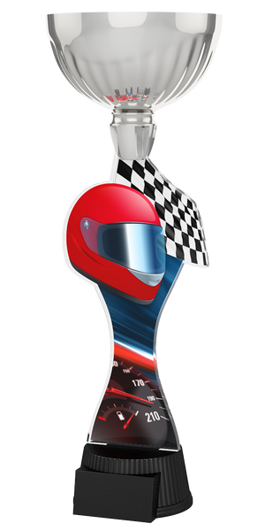 
Motorsport-Pokal ACUPC 30 S in Silber mit rotem Rennhelm, Zielflagge,
Tacho-Motiv auf geschwungenem Acryl und schwarzem Gravursockel. Ideal als
Auszeichnung für Autorennen und Siegerehrungen.