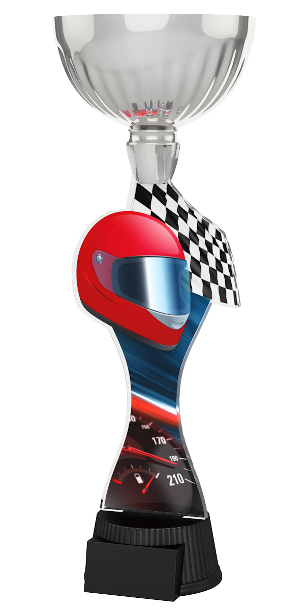 
Motorsport-Pokal ACUPC 30 S in Silber mit rotem Rennhelm, Zielflagge,
Tacho-Motiv auf geschwungenem Acryl und schwarzem Gravursockel. Ideal als
Auszeichnung für Autorennen und Siegerehrungen.