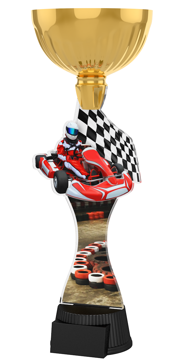 Kart-Pokal ACUPC 31 G in Gold mit rotem Go-Kart, Rennfahrer,
Zielflagge, Rennstrecken-Motiv auf geschwungenem Acryl und 
schwarzem Gravursockel. Ideal als Auszeichnung für Kartrennen und
Siegerehrungen.