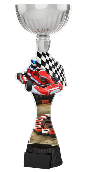 Kart-Pokal ACUPC 31 S in Silber mit rotem So-Kart, Rennfahrer, Zielflagge, 
Rennstrecken-Motiv auf geschwungenem Acryl und schwarzem Sockel.
Ideal als Auszeichnung für Kartrennen und Siegerehrungen.