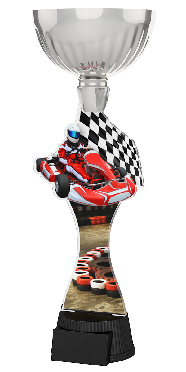 Kart-Pokal ACUPC 31 S in Silber mit rotem So-Kart, Rennfahrer, Zielflagge, 
Rennstrecken-Motiv auf geschwungenem Acryl und schwarzem Sockel.
Ideal als Auszeichnung für Kartrennen und Siegerehrungen.