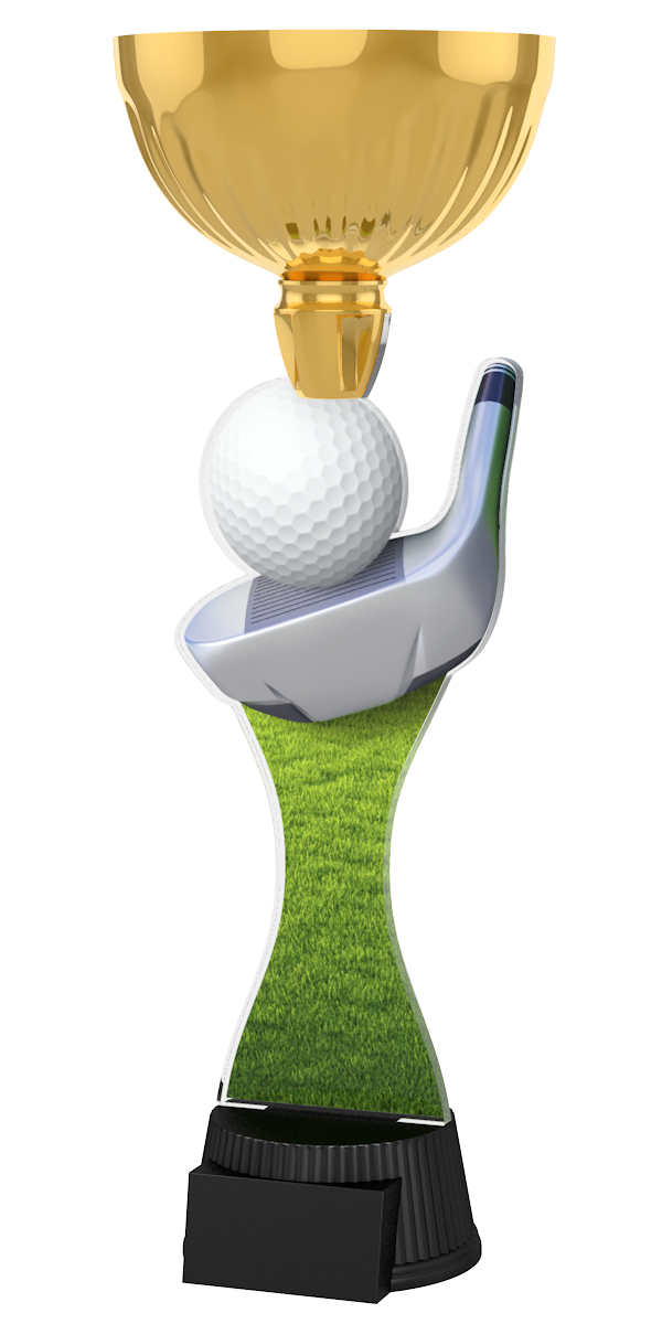 Golf-Pokal ACUPC 32 G in Gold mit weißem Golfball, silbernem 
Golfschläger, grünem Rasen-Motiv auf geschwungenem Acryl und
schwarzem Gravursockel.Ideal als Auszeichnung für Golfturniere und
Siegerehrungen
