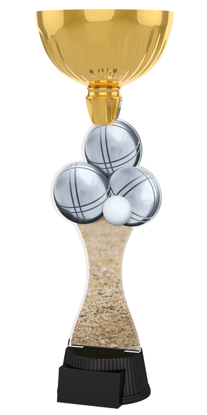 
Boule-Pokal ACUPC 33 G in Gold mit silbernen Boulekugeln,
 weißer Zielkugel, Sand-Motiv auf geschwungenem Acryl und
 schwarzem Gravursockel. Ideal als Auszeichnung für Boule-Turniere
 und Siegerehrungen.
