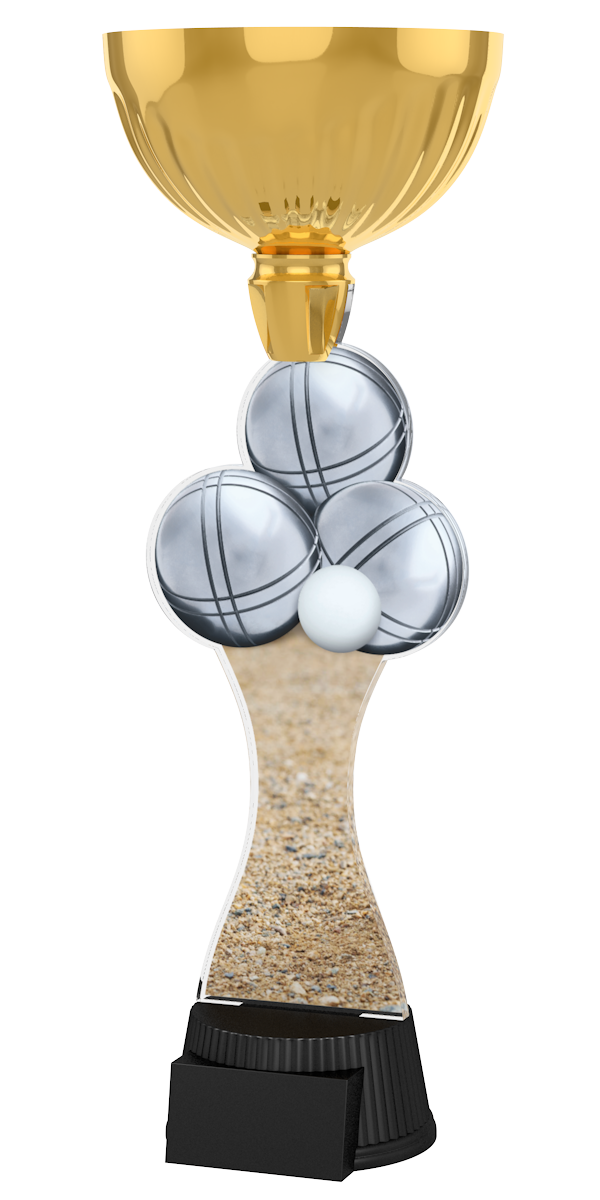 
Boule-Pokal ACUPC 33 G in Gold mit silbernen Boulekugeln,
 weißer Zielkugel, Sand-Motiv auf geschwungenem Acryl und
 schwarzem Gravursockel. Ideal als Auszeichnung für Boule-Turniere
 und Siegerehrungen.