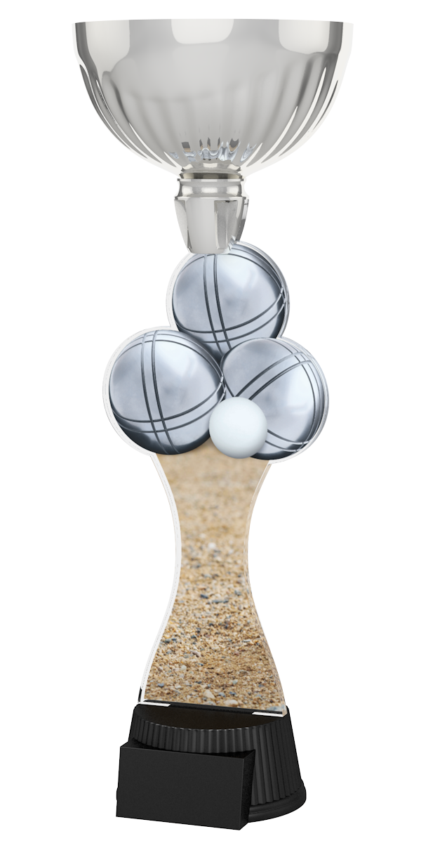 
Boule-Pokal ACUPC 33 S in Silber mit silbernen Boulekugeln, weißer
Zielkugel, Sand-Motiv auf geschwungenem Acryl und schwarzem Gravursockel.
Ideal als Auszeichnung für Boule-Turniere und Siegerehrungen.