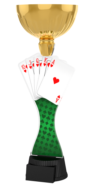 
Poker-Pokal ACUPC 34 G in Gold mit Herz-Royal-Flush-Spielkarten,
grünem Filz-Motiv auf geschwungenem Acryl und schwarzem Gravursockel.
Ideal als Auszeichnung für Pokerturniere und Siegerehrungen.