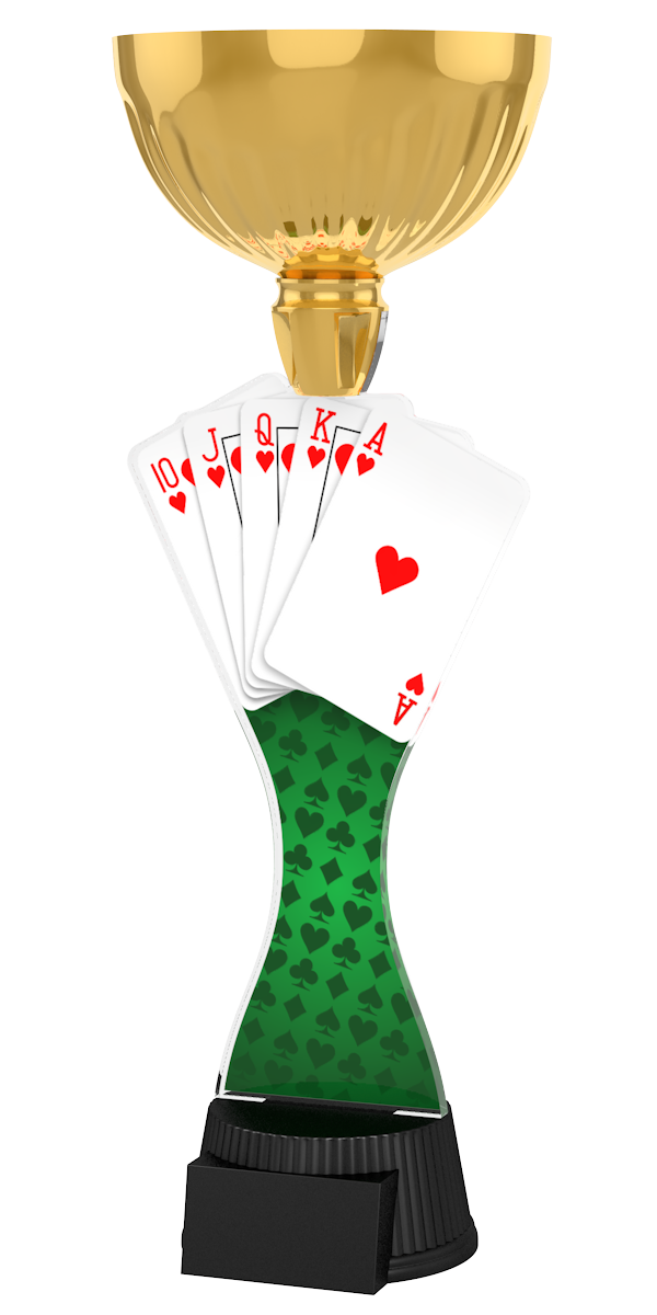 
Poker-Pokal ACUPC 34 G in Gold mit Herz-Royal-Flush-Spielkarten,
grünem Filz-Motiv auf geschwungenem Acryl und schwarzem Gravursockel.
Ideal als Auszeichnung für Pokerturniere und Siegerehrungen.