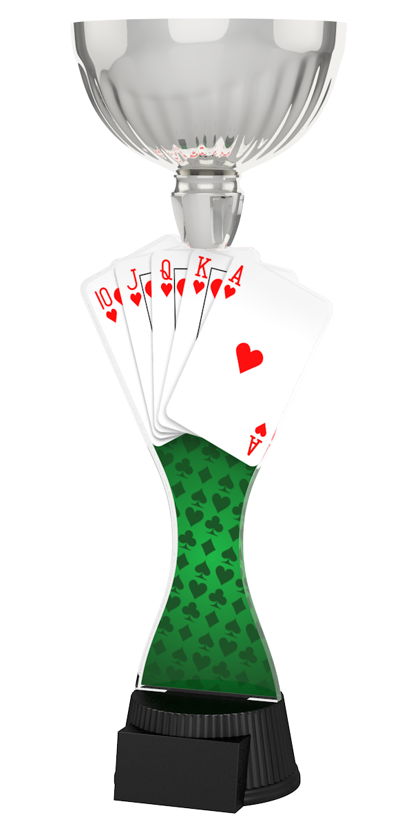 
Poker-Pokal ACUPC 34 S in Silber mit Herz-Royal-Flush-Spielkarten, grünem 
Filz-Motiv auf geschwungenem Acryl und schwarzem Gravursockel. Ideal als 
Auszeichnung für Pokerturniere und Siegerehrungen.