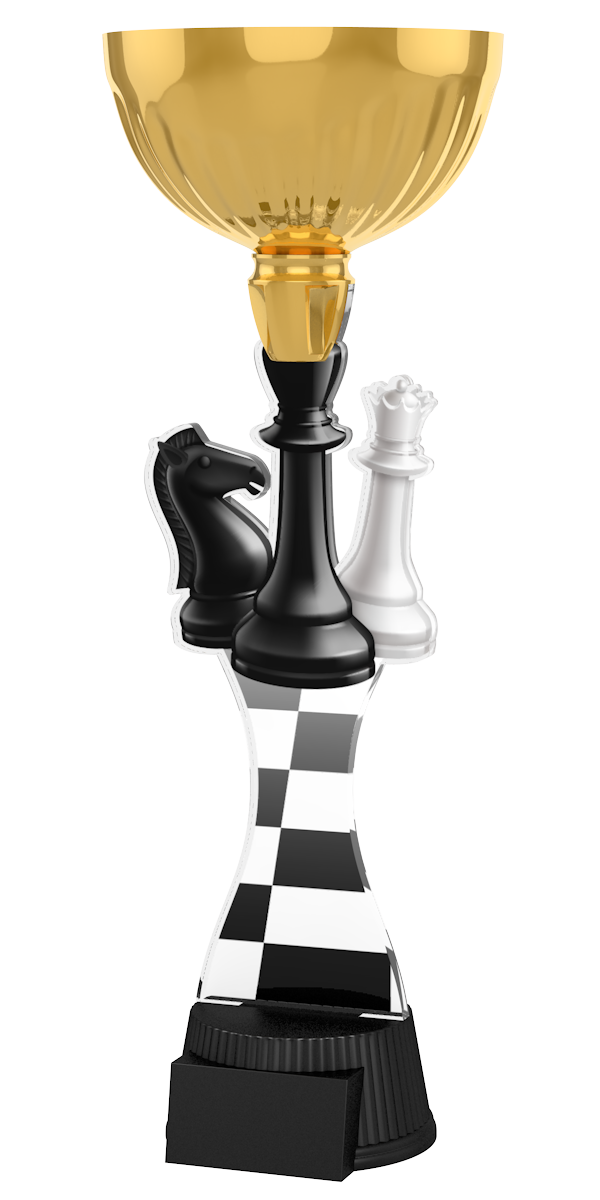 
Schach-Pokal ACUPC 35 G in Gold mit Schachfiguren König,
Dame und Springer, Schachbrett-Muster auf geschwungenem
Acryl und schwarzem Gravursockel. Ideal als Auszeichnung für
Schachturniere und Siegerehrungen.
