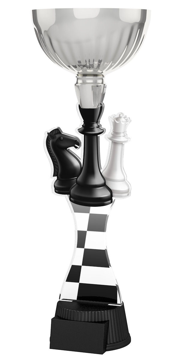 
Schach-Pokal ACUPC 35 S in Silber mit Schachfiguren König, Dame und 
Springer, Schachbrett-Muster auf geschwungenem Acryl und schwarzem 
Gravursockel. Ideal als Auszeichnung für Schachturniere und Siegerehrungen.