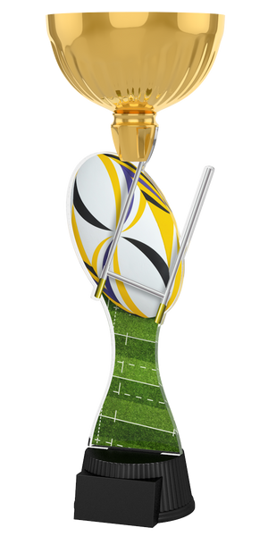 
Rugby-Pokal ACUPC 36 G in Gold mit Rugbyball, Malstangen,
grünem Spielfeld-Motiv auf geschwungenem Acryl und 
schwarzem Gravursockel. Ideal als Auszeichnung für Rugbyturniere 
und Siegerehrungen.