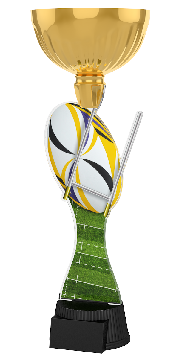 
Rugby-Pokal ACUPC 36 G in Gold mit Rugbyball, Malstangen,
grünem Spielfeld-Motiv auf geschwungenem Acryl und 
schwarzem Gravursockel. Ideal als Auszeichnung für Rugbyturniere 
und Siegerehrungen.