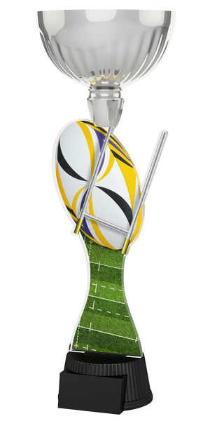 
Rugby-Pokal ACUPC 36 S in Silber mit Rugbyball, Malstangen, grünem 
Spielfeld-Motiv auf geschwungenem Acryl und schwarzem Gravursockel. Ideal als 
Auszeichnung für Rugbyturniere und Siegerehrungen.