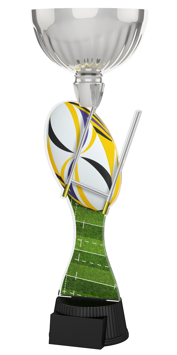 
Rugby-Pokal ACUPC 36 S in Silber mit Rugbyball, Malstangen, grünem 
Spielfeld-Motiv auf geschwungenem Acryl und schwarzem Gravursockel. Ideal als 
Auszeichnung für Rugbyturniere und Siegerehrungen.