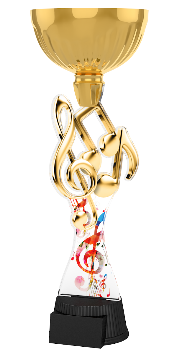 
Musik-Pokal ACUPC 37 G in Gold mit goldenem Notenschlüssel,
Musiknoten,buntem Noten-Motiv auf geschwungenem Acryl und
schwarzem Gravursockel. Idealals Auszeichnung für
Musikwettbewerbeund Siegerehrungen.