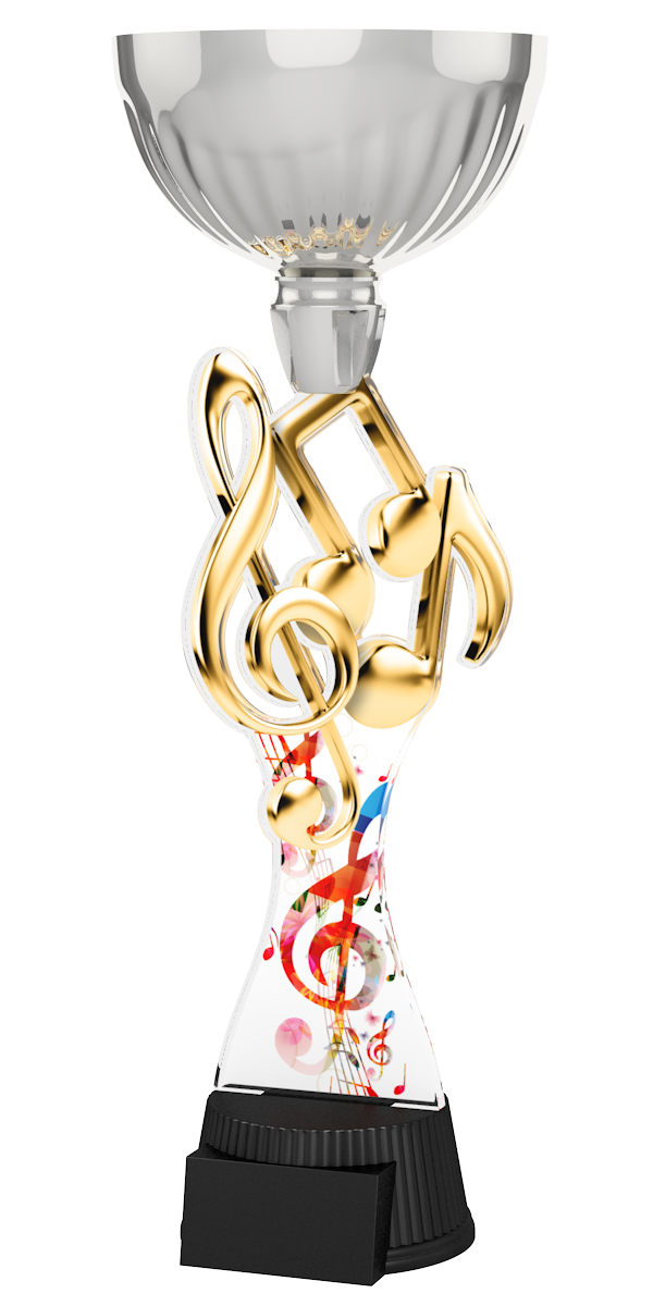 
Musik-Pokal ACUPC 37 S in Silber mit Silberenem Notenschlüssel,Musiknoten,
buntem Noten-Motiv auf geschwungenem Acryl und schwarzem Gravursockel.
Ideal als Auszeichnung für Musikwettbewerbeund Siegerehrungen.