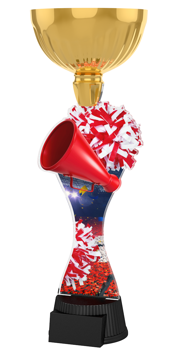
Cheerleading-Pokal ACUPC 38 G in Gold mit rotem Megafon,
rot-weißemPompon, Arena-Motiv auf geschwungenem Acryl und 
schwarzem Gravursockel. Ideal als Auszeichnung für Cheerleading-
Wettbewerbe und Siegerehrungen.